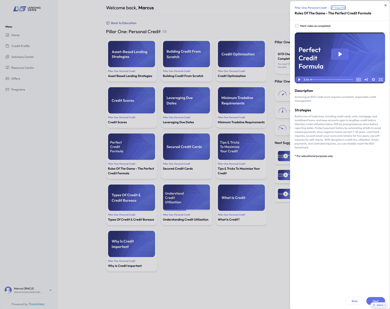 LendingGenie Resource Center education library with lesson cards and an open video walkthrough